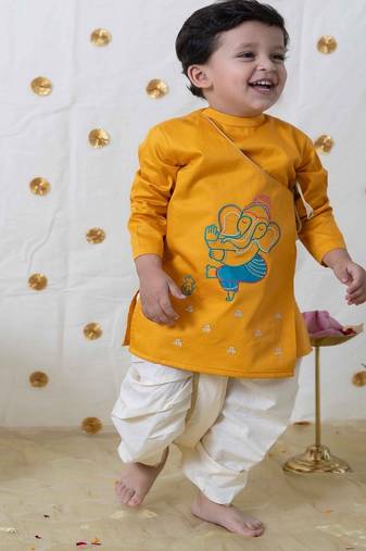 Yellow embroidered cotton kurta set