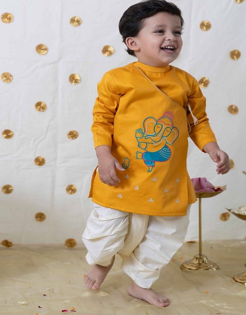 Yellow embroidered cotton kurta set