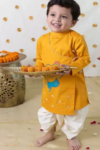 Yellow embroidered cotton kurta set