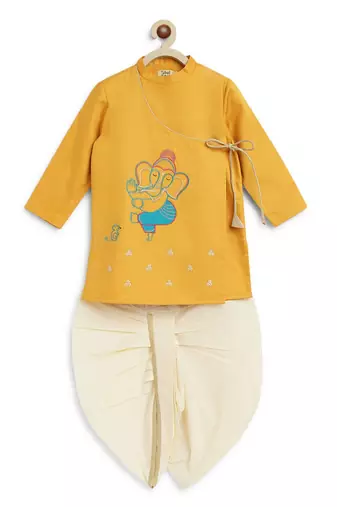 Yellow embroidered cotton kurta set