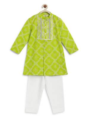 Green printed cotton kurta set 4