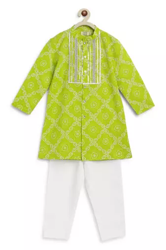 Green printed cotton kurta set