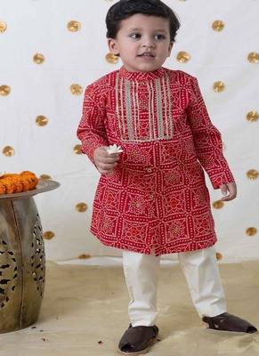 Red printed cotton kurta set 1