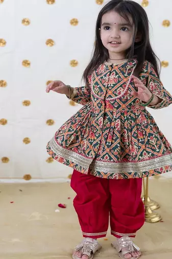 Green printed cotton kurta set