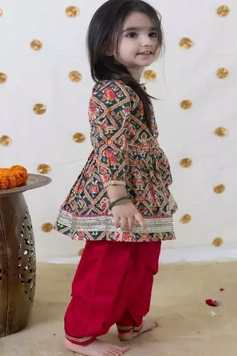 Green printed cotton kurta set