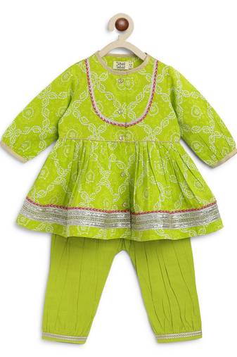 Green printed cotton kurta set