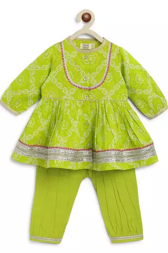Green printed cotton kurta set