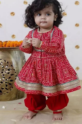 Red printed cotton kurta set