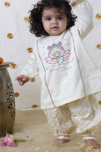 Cream embroidered cotton kurta set