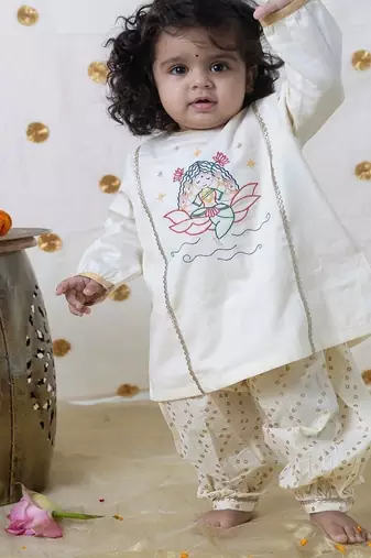 Cream embroidered cotton kurta set