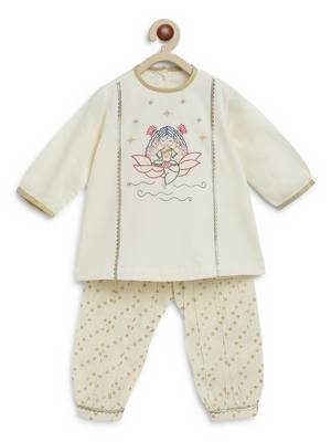 Cream embroidered cotton kurta set 4