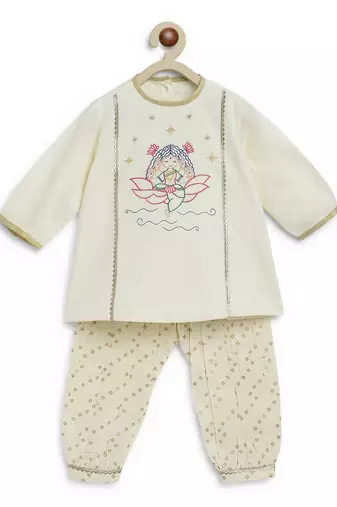 Cream embroidered cotton kurta set