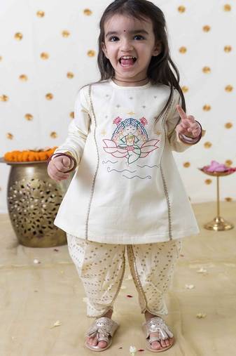 Cream embroidered cotton kurta set
