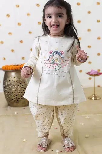 Cream embroidered cotton kurta set