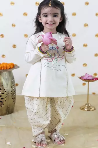 Cream embroidered cotton kurta set