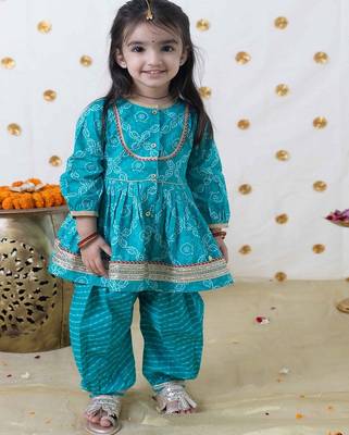 Blue printed cotton kurta set 1
