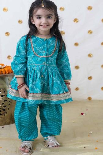 Blue printed cotton kurta set