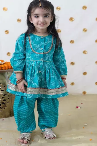 Blue printed cotton kurta set