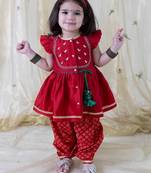 Red embroidered cotton kurta set