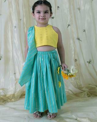 Yellow embroidered cotton lehenga 1