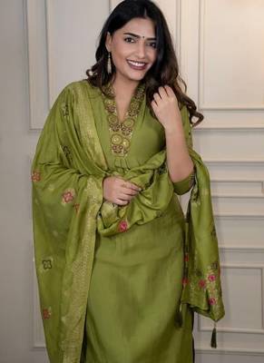 Liril Colour Premium Roman Silk Hand Work A Line Kurta Set 3