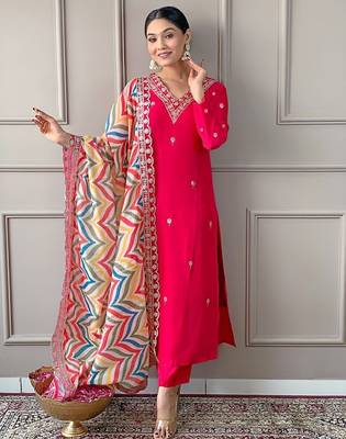 Pink color silk blend embroidred kurti pant dupatta 1