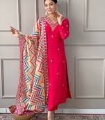 Pink color silk blend embroidred kurti pant dupatta