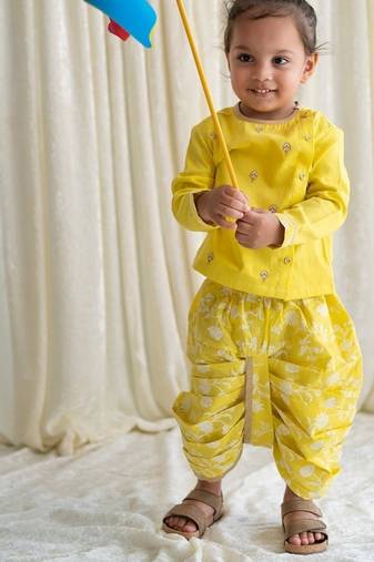 Yellow embroidered cotton kurta set