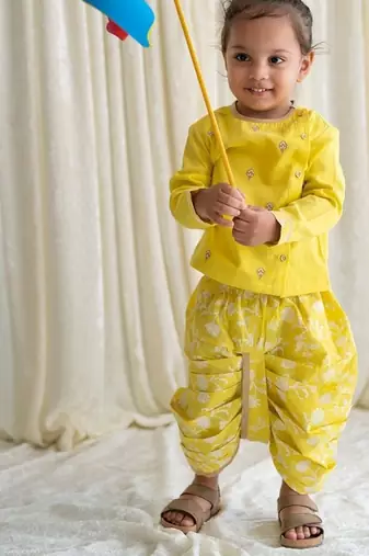 Yellow embroidered cotton kurta set