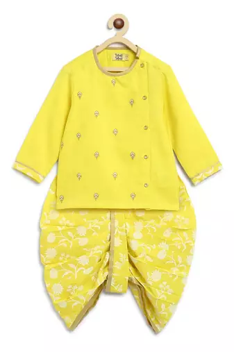 Yellow embroidered cotton kurta set