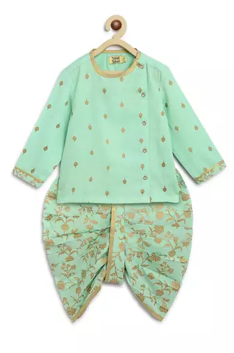 Green embroidered cotton kurta set