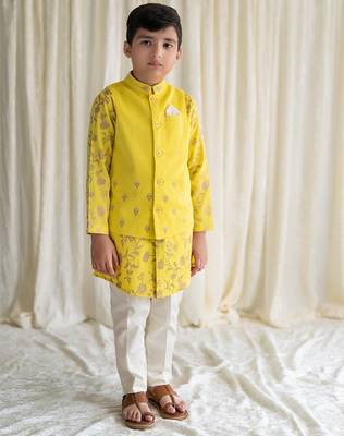 Yellow embroidered cotton nehru jacket set 1