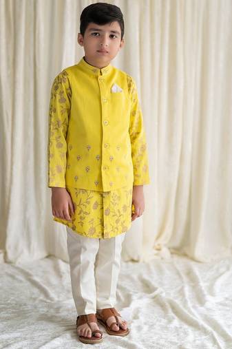 Yellow embroidered cotton nehru jacket set