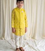 Yellow embroidered cotton nehru jacket set