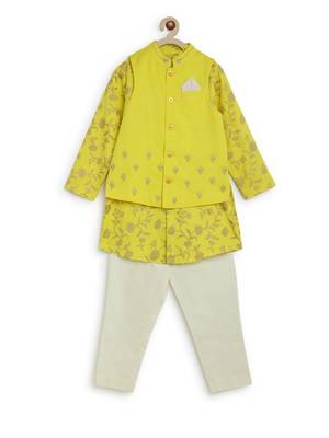 Yellow embroidered cotton nehru jacket set 2