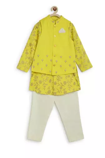 Yellow embroidered cotton nehru jacket set