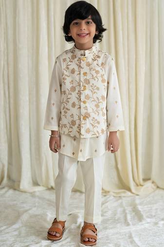 Cream embroidered cotton nehru jacket set