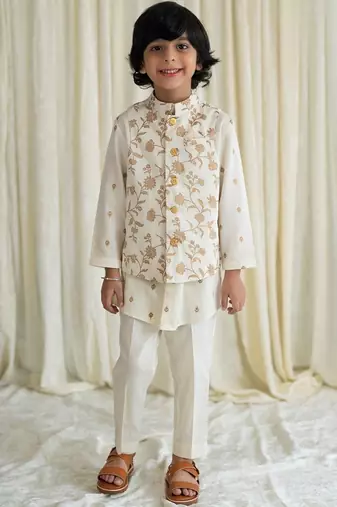 Cream embroidered cotton nehru jacket set