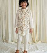 Cream embroidered cotton nehru jacket set