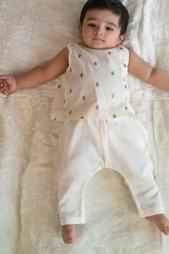 Cream embroidered cotton jhabla set