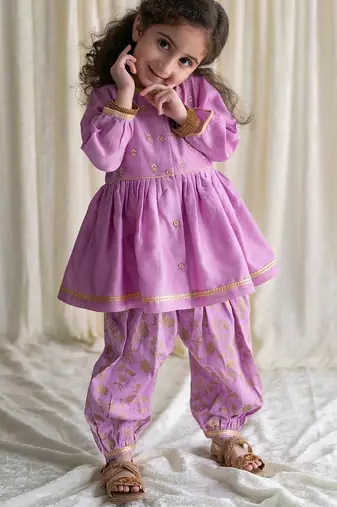 Purple embroidered cotton kurta set