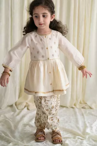 Cream embroidered cotton kurta set