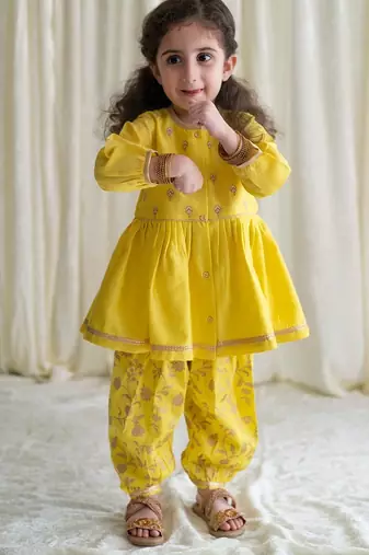 Yellow embroidered cotton kurta set