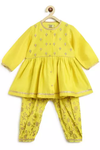 Yellow embroidered cotton kurta set