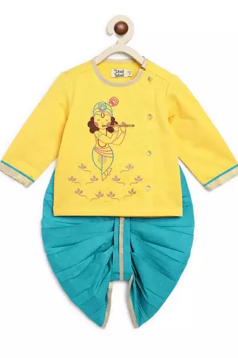 Yellow embroidered cotton kurta set