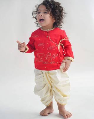Red embroidered cotton kurta set 1