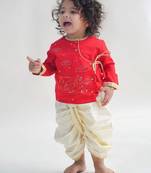 Red embroidered cotton kurta set