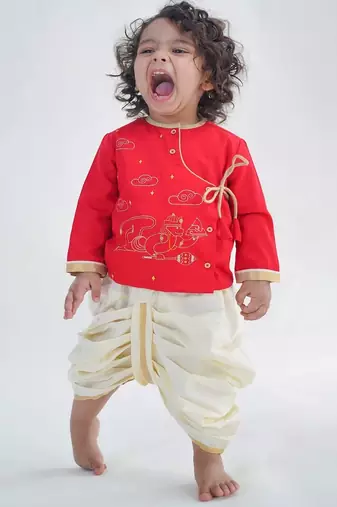 Red embroidered cotton kurta set
