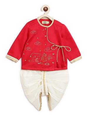 Red embroidered cotton kurta set 4