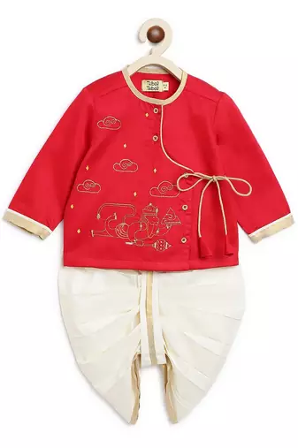 Red embroidered cotton kurta set